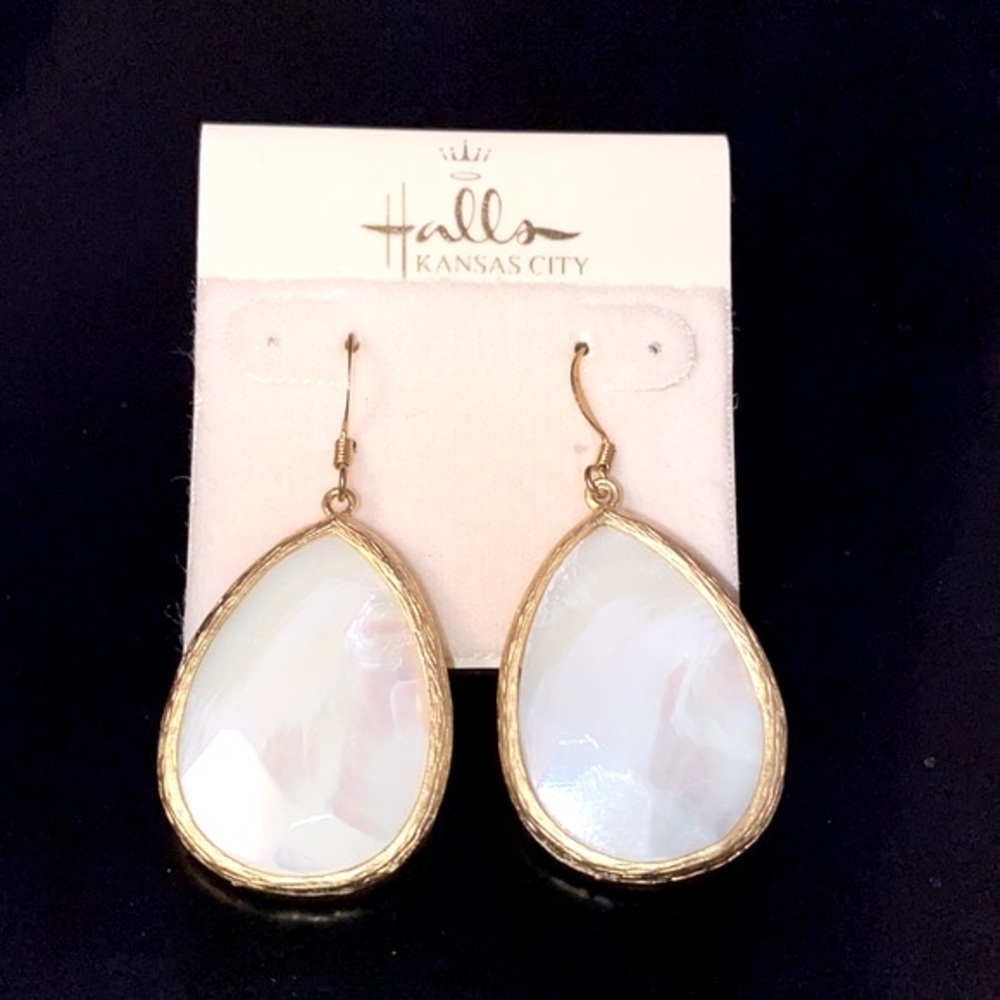 NWT Halls White Iridescent Stone and Gold Tone Teardrop Earrings